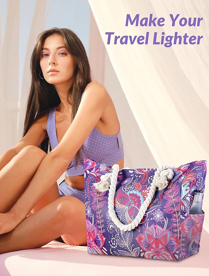 TESALATE Large Canvas Beach Tote Bag Waterproof Sand proof for Women Her Swim,Travel,Shopping,Gym,Cruise Essentials Gear