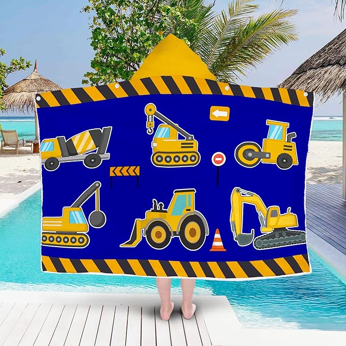 Excavator Hooded Beach Towel for Boys, Soft & Absorbent Truck Excavator Poncho Towel, 30”x50” Construction Truck Bathrobe for Kids Cool Cartoon, Quick Dry Swim, Pool, and Bath Time