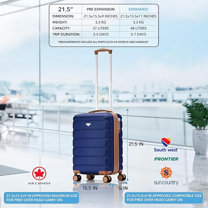 Flight Knight 21.5x15.5x9 Expandable Carry On Suitcase Hardside TSA Lock & USB C Port Lightweight Luggage Silent Double Spinner Wheels Maximum Canada Air Overhead Bag Airlines Approved Navy/Tan