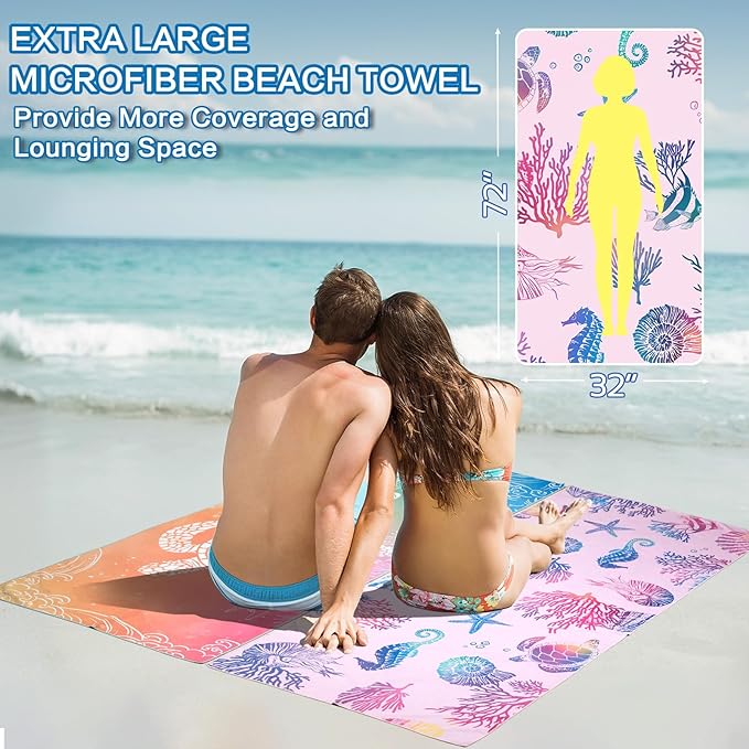 Beach Towel Oversized 2 Pack Extra Large Beach Towels 72"x32" Quick Dry Absorbent Lightweight Sand Free Thin Beach Towel for Kids Men Women Camping Towel, Gym, Hiking, Pool, Bath, Yoga,Travel Vacation