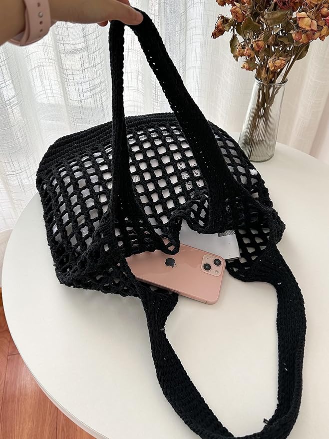 ENBEI Women Foldable Beach Tote, Washable Lightweight Beach Bag, Eco-Friendly Knit Shoulder Purse for Travel/Shopping/Gifts