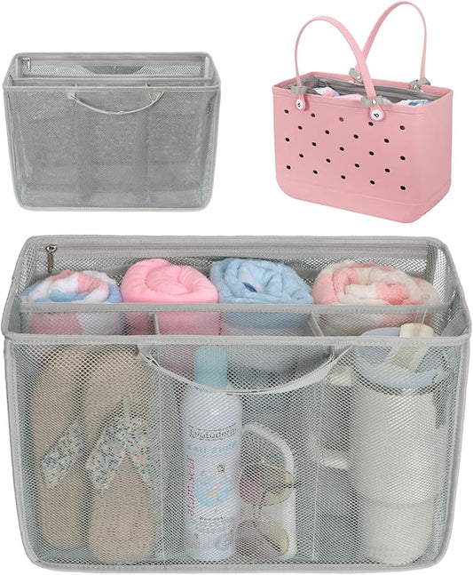 F-color Beach Bag Organizer Insert Compatible with Silicon Bag Original Large, Mesh Tote Liner with 10 Pockets & Adjustable Handle, Lightweight Divider Pouch for Beach Accessories Organizing, Grey