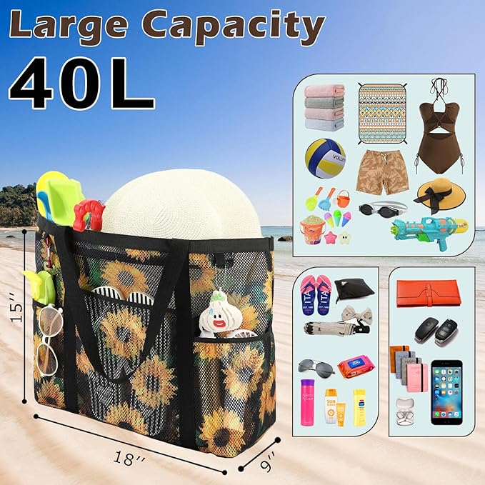 Mesh Beach Bag with Zipper, Large Beach Tote for Women, Toys Pool Swim Bag Travel Vacation Cruise Essentials