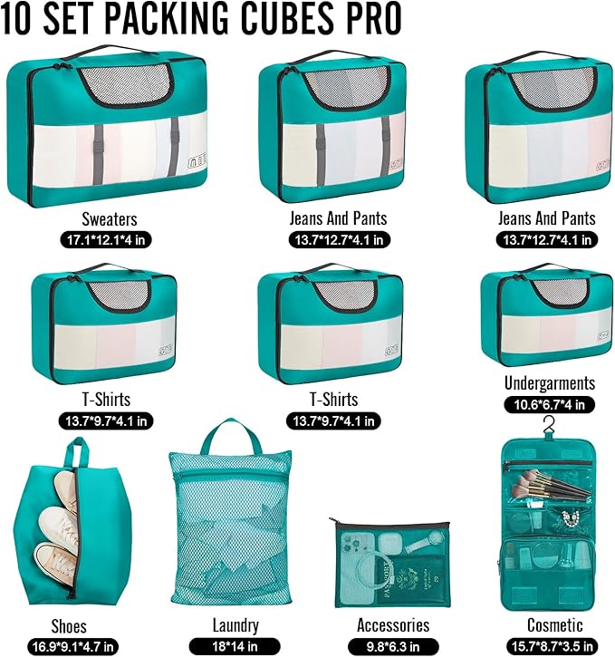 Veken 10 Set Packing Cubes for Toddler & Kids, Airplane Travel Essentials, Beach Vacation & Road Trip Suitcase Organizer Bags Set for Luggage, with Hanging Toiletry & Shoe Bag