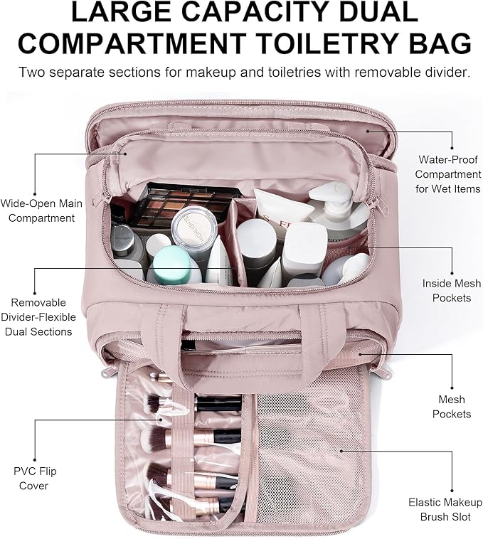 Travel Toiletry Bag for Women, Lightweight Large Quilted Puffy Makeup Bag Wide-open Make up Organizer Cloud Cosmetic Bag w/Handle for Traveling Toiletries Essentials Accessories Light Pink
