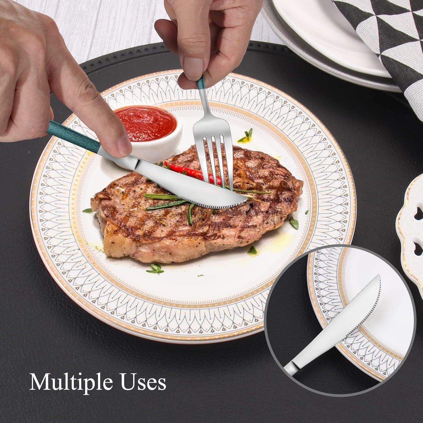 Mirror Silver Green Silverware Set, 20-Piece Stainless Steel Flatware Set, Satin Finish tableware Cutlery Set, Service for 4, Home and Restaurant, Dishwasher Safe