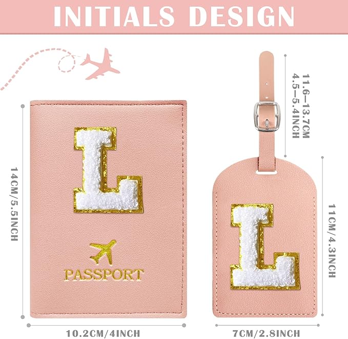 COSHAYSOO Passport Cover and Luggage Tag Set with Her Initial Chenille Letter Patch, Fashionable Travel Bag Backpack Suitcase Identifier Gifts for Granddaughter Grandma Mother Pink L