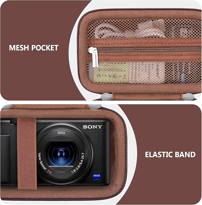 Hard Travel Case for Sony ZV-1F / ZV-1 / ZV-1 II Digital Camera, Storage Holder Travel Bag with Zipper Mesh Pocket for Battery Pack, Charging Cable, USB Card, Black, Brown