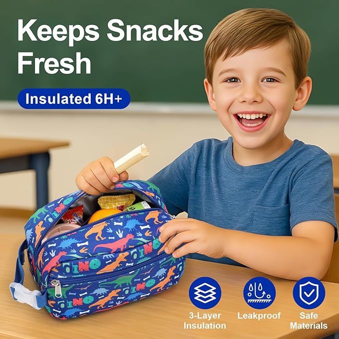 Bagseri Kids Snack Bag Boys - Small Reusable Mini Cooler Pouch, Insulated 3.9L Food Carrier with Buckle Handle for School and Daycare, Fits in Backpack, Blue Dinosaur