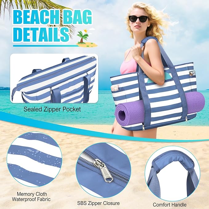 Extra Large Beach Bags for Women, Waterproof Sandproof Beach Tote Bag Foldable Swim Pool Bag with Zipper and Wet Pocket