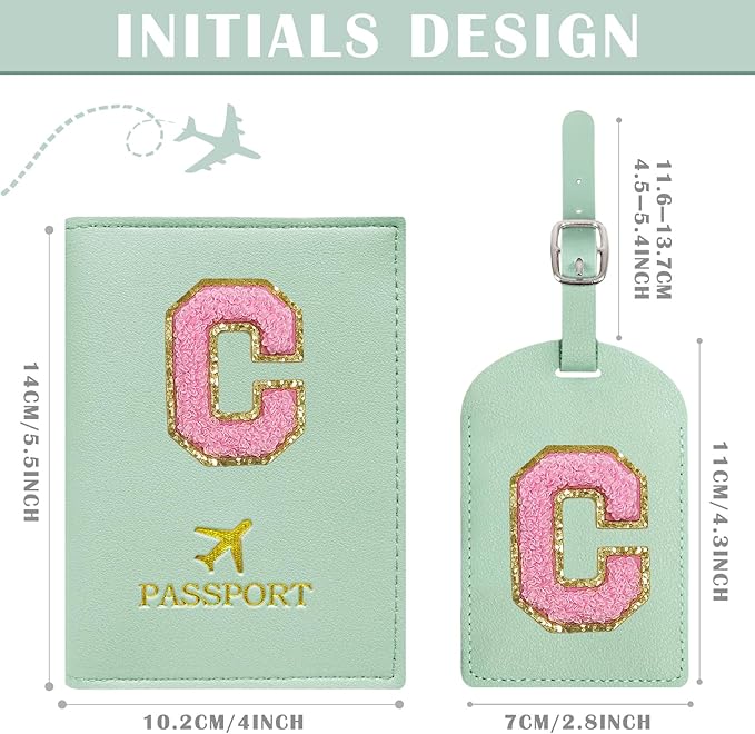 COSHAYSOO Initial Passport Cover Luggage Tag Set Letter Passport Holder Airplane Cruise Travel Essentials Vacation Traveling Accessories Personalized Gifts for Women Teen College Girls Teal C