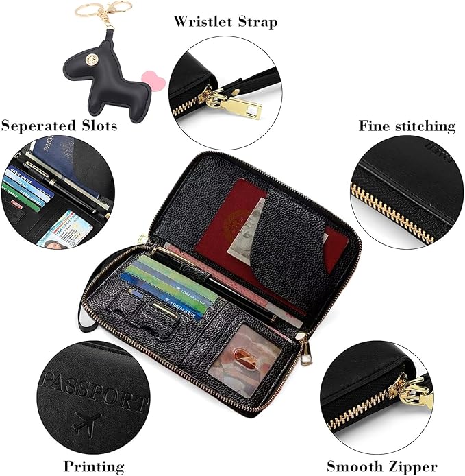 Multi-Functional Passport Holder Cover with Purse Charms,Premium Travel Wallet RFID Blocking Passport Cover Card Case for Holds Phones, Passports, Cash, Cards & Boarding Passes-Black