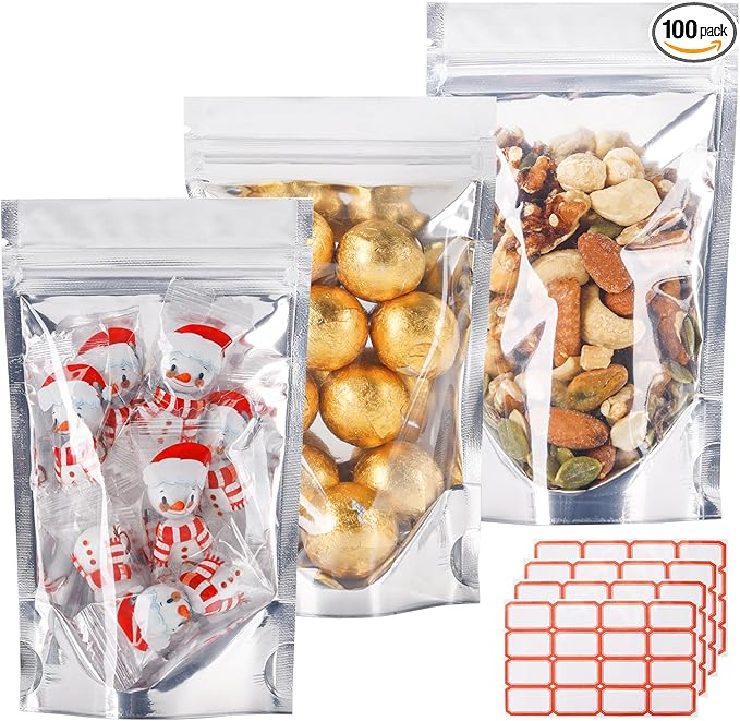 100 PACK Mylar Bags for Food Storage and Resealable Bags for Small Business Packaging Supplies Great for Party Favor Food Storage Bags(Silver, 3x6Inches)