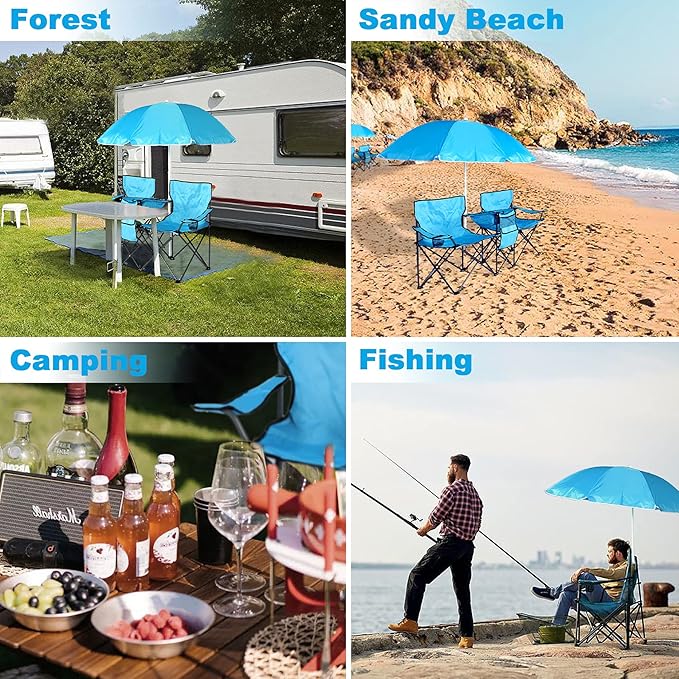 LAZZO Double Folding Camping Chairs, Portable Picnic Camping Chairs w/Umbrella Mini Beverage Holder Carrying Cooler Bag, Outdoor Picnic Double Folding loveseat Camp Chairs for Beach Patio Pool Park