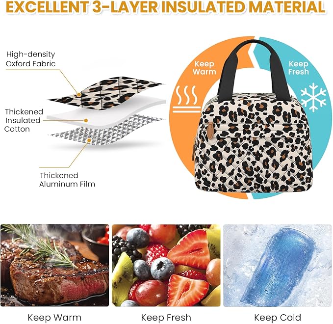 Insulated Lunch Bag for Women, Portable Lightweight Lunch Box for Adults, Reusable Small Lunch Tote Cooler Bags with Front Zipper Pocket for Work School Picnic(Leopard)