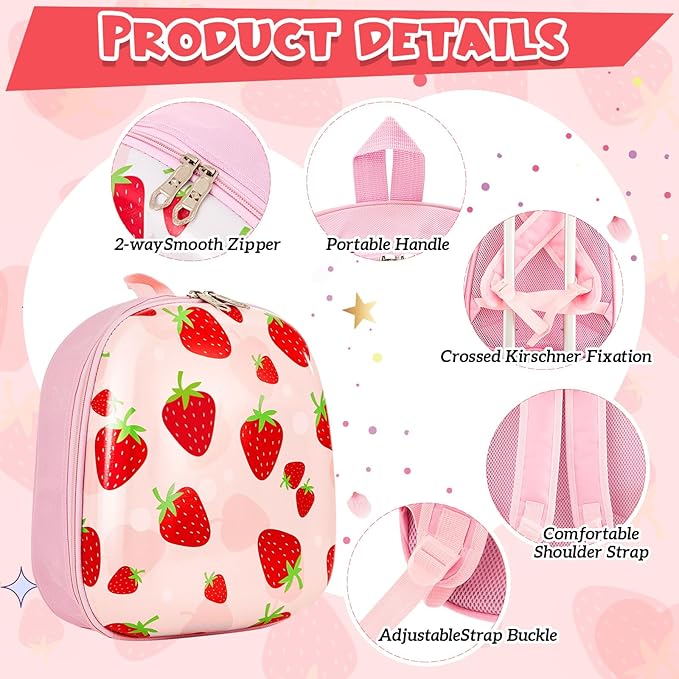 Sanwuta 4 Pcs Kids Luggage Set Rolling Suitcase Backpack U-shaped Pillow Kids Carry On Gift for Summer Travel Family Trip(17 Inch,Strawberry Style,Light Pink)