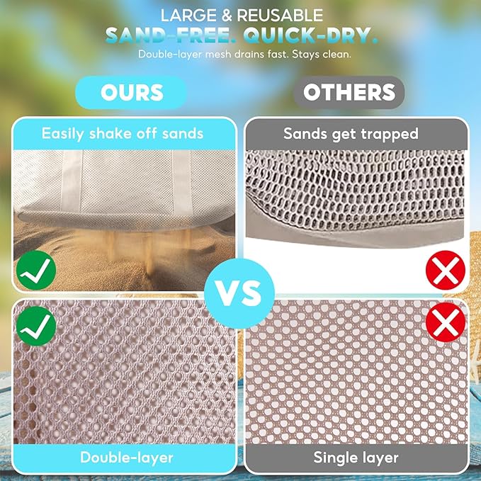 Large Mesh Beach Bag – Lightweight Beach Tote with 9 Pockets, Beach Bag for Women, Men, Family Essentials