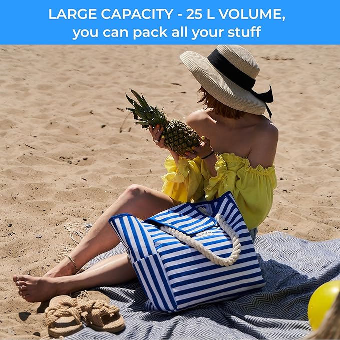 SHYLERO Beach Bag and Pool Bag Has Airtight Pouch, Magnetic Snap Closure. Beach Tote is Water Resistant. Family Size