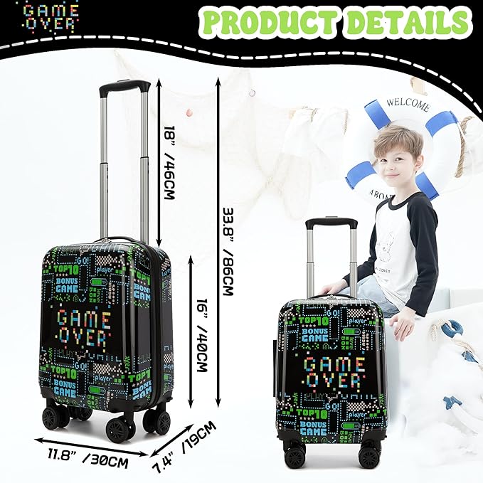 Kid's Luggage Set 5 Piece Suitcase Set 16" Hardside Luggage with Spinner Wheels Boys Carry on Toddler Travel Rolling Luggage Airline Approved