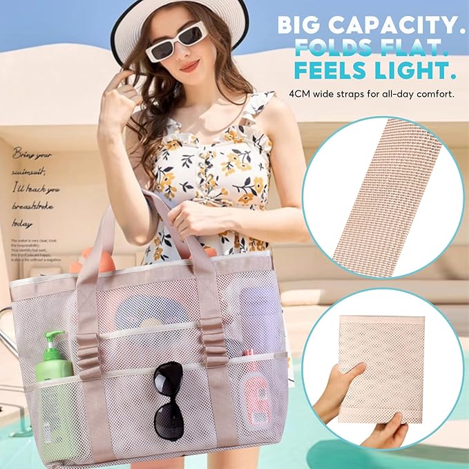 Large Mesh Beach Bag – Lightweight Beach Tote with 9 Pockets, Beach Bag for Women, Men, Family Essentials