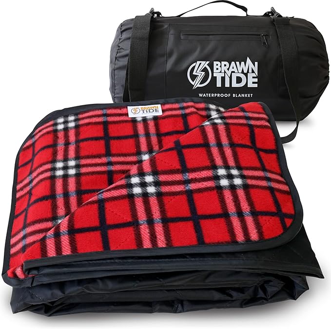 BRAWNTIDE Large Outdoor Waterproof Blanket - Extra Thick Fleece, Warm, Windproof, Sandproof, Quilted, 82" x 55", Ideal for Beaches, Picnics, Camping, Stadiums, Dogs, Car