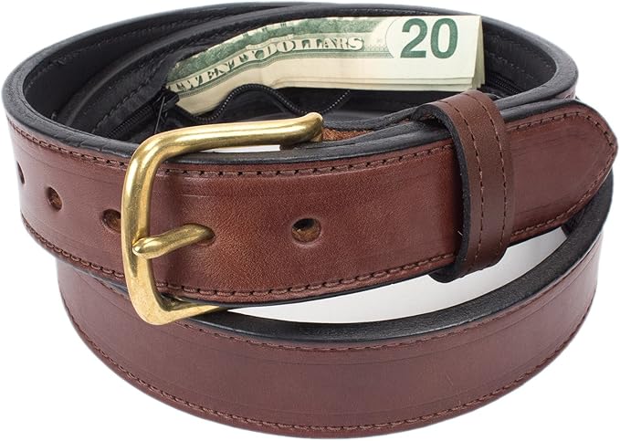 Hidden Money Pocket Travel Leather Belt (Size 36, Brown)
