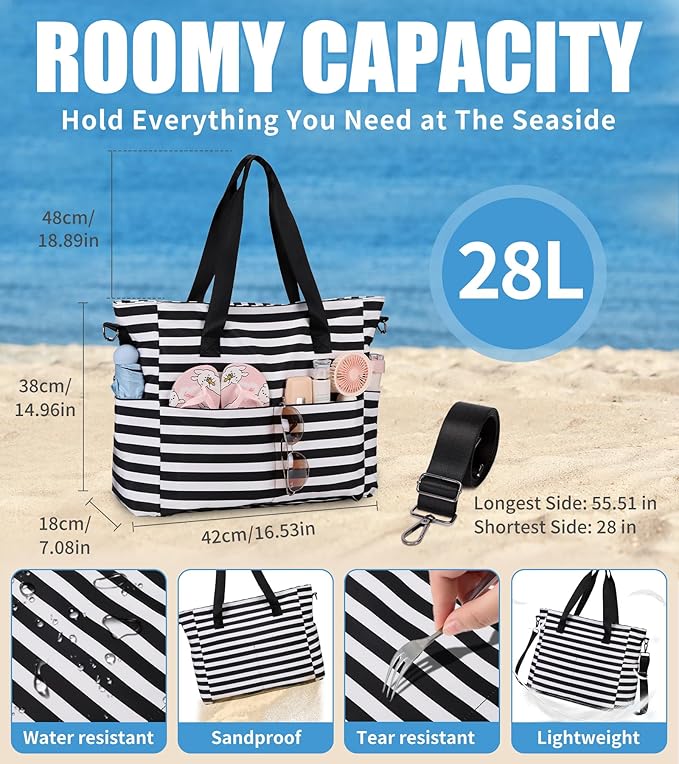 Beach Bags for Women, Large Waterproof Sandproof Swim Pool Bag with Dry Wet Seperated Pocket Utility Tote Bag