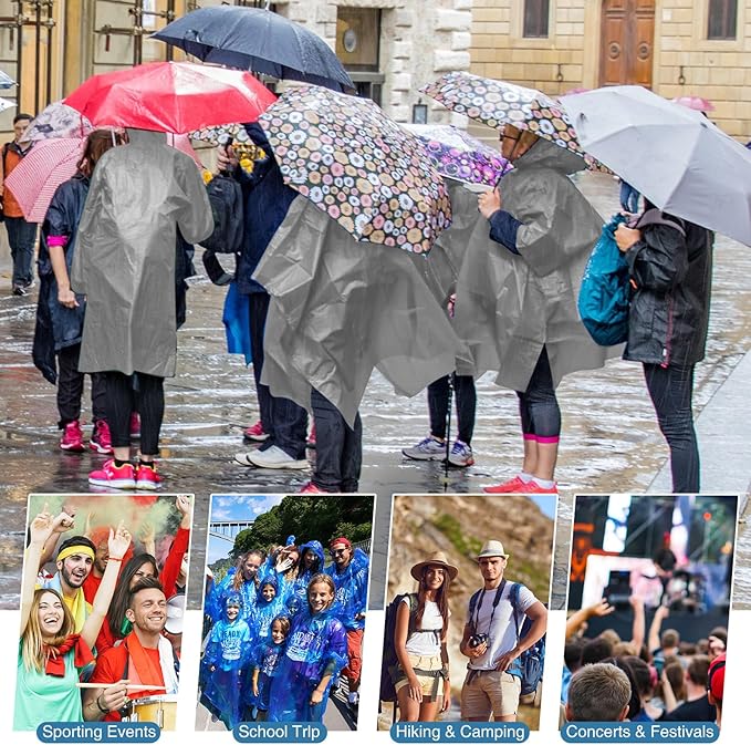 Zhehao 10 Pcs 10 Pcs Rain Ponchos for Adults with Drawstring Hood Reusable Raincoats Waterproof Thickened Rain Jacket for Men Women (Gray)