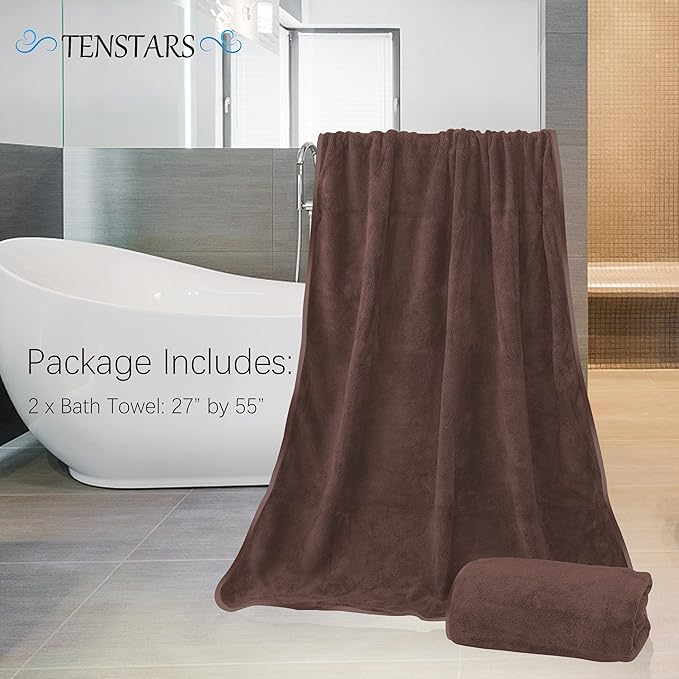 TENSTARS Silk Hemming Bath Towels for Bathroom Clearance - 27 x 55 inches - Light Thin Quick Drying - Soft Microfiber Absorbent Towel for Bath Fitness, Sports, Yoga, Travel, Gym - 2 Pack, Wood Brown