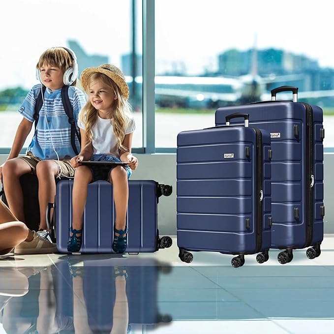 3-Piece Hardshell Luggage Set, Lightweight Expandable Suitcase with TSA Lock and Double Spinner Wheels, 20% Expansion for Extra Packing, Carry-On and Checked Bags, Navy Blue