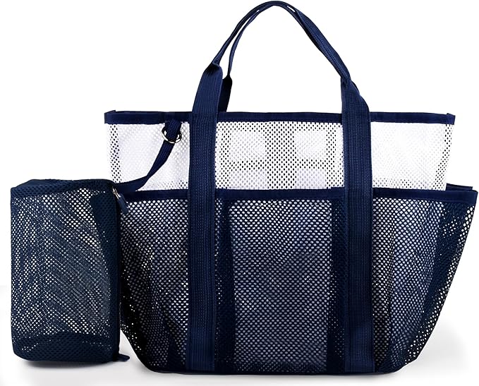 Genteen Mesh Beach Bag, Waterproof Lightweight, Beach Tote with Zipper Pocket for Family Pool Bag for Toys & Vacation Essentials-Blue