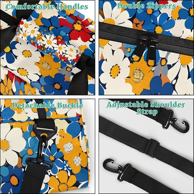 Flower Floral Gym Travel Duffle Bag for Women & Men with Front Zipper Pocket for Sports, Overnight, Weekender, Carry On,Workout & Dance Bag,Cute Blue Red White Yellow,18.9 * 8.7 * 10.6 in