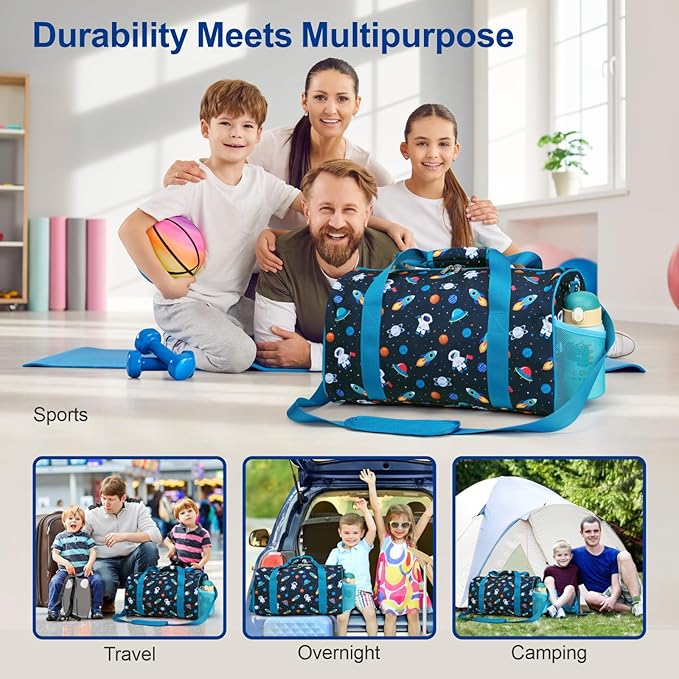 Bagseri Boys Duffle Bag for Travel - Kids Gym & Sports Bag with Shoe Compartment & Water Resistant Wet Pocket, Weekender for Camping & Sleepover (Blue Space Astronaut)