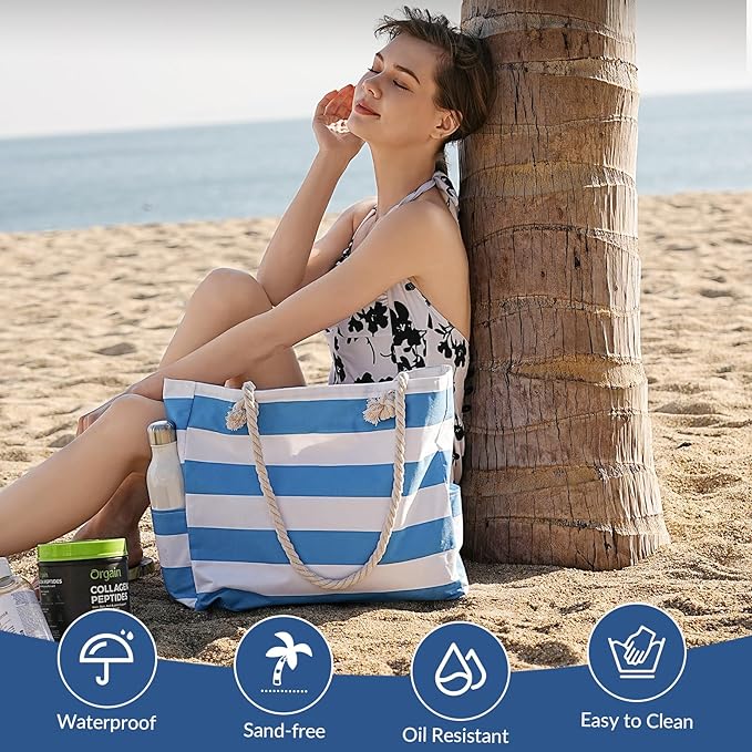 Clothirily Beach Bag for Women - Large Beach Tote Bag, Waterproof Sandproof Beach Bag with Zipper, Large Swim Pool Beach Tote