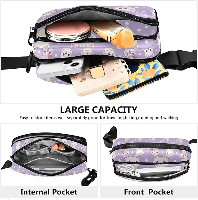Kawaii Cat Ice Cream Polka Dots Fanny Pack for Women Men Water Resistant Fashion Waist Packs with Adjustable Strap Belt Bag for Travel Workout Jogging Hiking 21219102