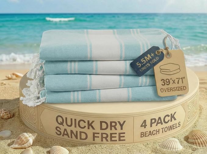 LANE LINEN Oversized Beach Towel - Beach Towels 4 Pack, Pre-Washed Pool Towel, Extra Large Beach Towel, Quick Dry & Sand Free, Lightweight Travel Towel, 39"x71" - Aqua