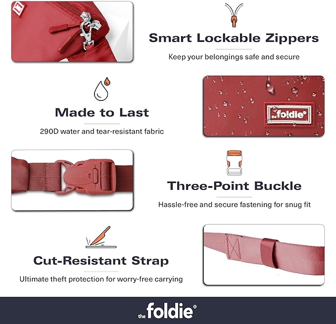 The Foldie Foldable Crossbody Bags for Women & Men - Anti-Theft RFID-Safe Fanny Pack with Smart Lockable Zippers and Cut-Resistant Strap - Lightweight Waist Pack for Travel & Everyday Use - Red