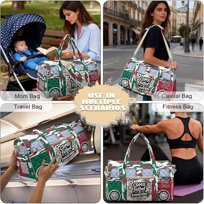 COEQINE Mexico Van Car Quilted Gym Bag For Men Sport Quilted Tote Bag For Men Large Car Themed Crossbody Bags with Shoulder Bag with Detachable Strap
