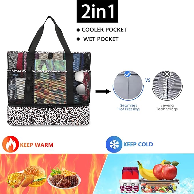 Beach Bag with Cooler,Mesh Beach Bags for Women Sandproof for Pool and Swimming Travel Daily with Durable 8 Pocket