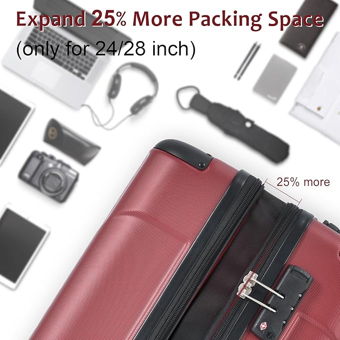 28 Inch Large Checked Luggage Hardside Suitcase with Spinner Wheels, Lightweight Expandable Hard Shell ABS Suitcases with TSA Lock, Large Travel Luggage for Women, Men, Red