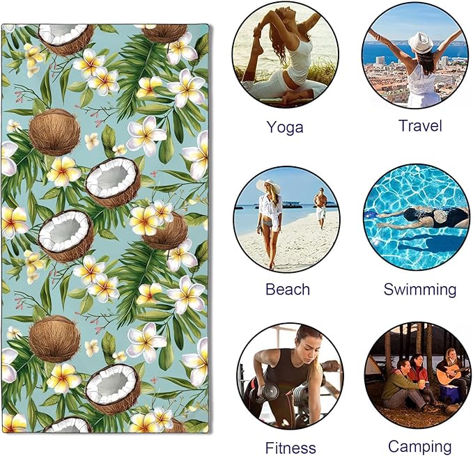 Coconut Pattern Beach Towel Extra Large 36" x 72", Thin Lightweight Microfiber Towels with Fruit Design, Sand Free and Quick Dry, Compact Bag