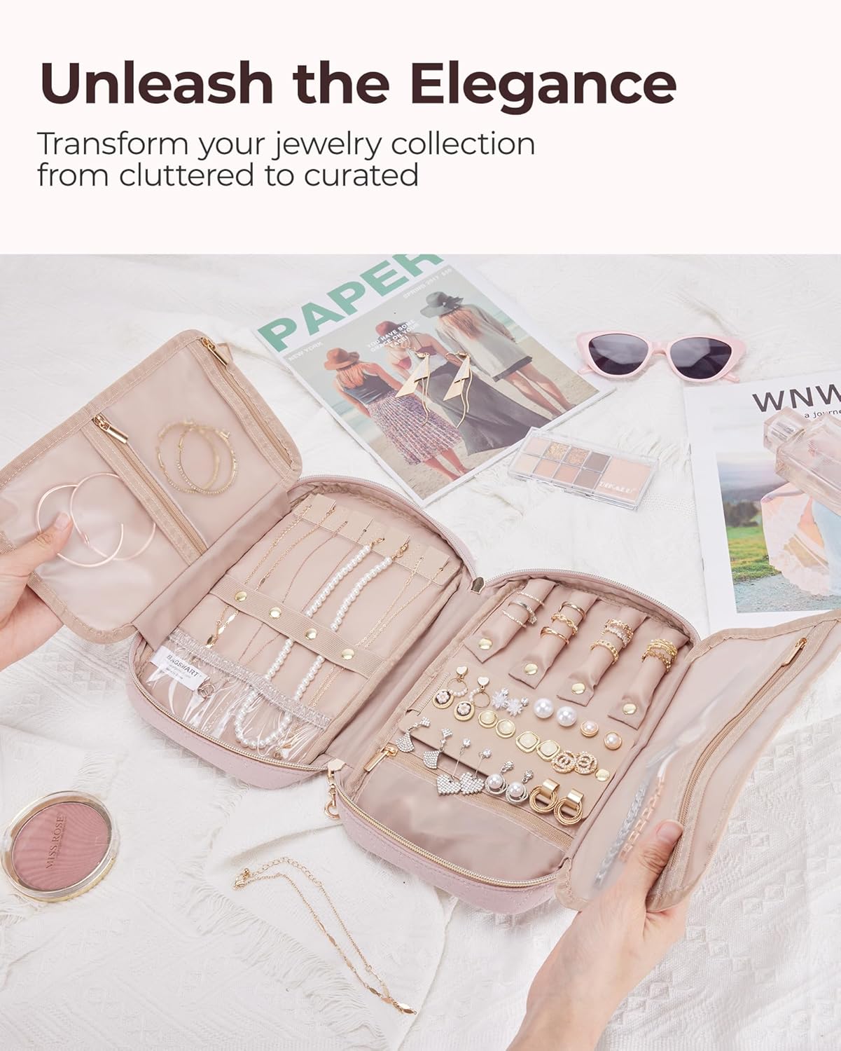 BAGSMART Jewelry Organizer Case Travel Jewelry Storage Bag for Necklace, Earrings, Rings, Bracelet, Soft Pink