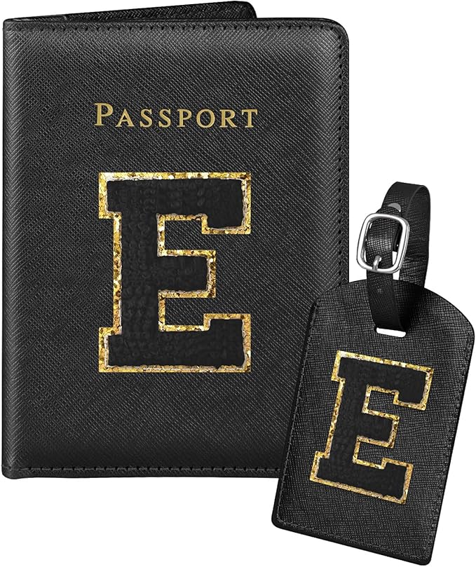 Slohif Passport Holder Initial Lugguage Tag Set Suitcase Cover Wallet Case for Travel Women - Leather Letter Passport Book Personalized Organizer Card Protector Sleeve Essentials Slim Carrier Black E