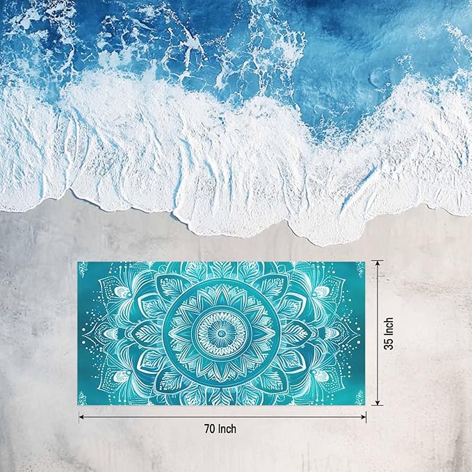 White Mandala Pattern Beach Towel 35" x 71" Teal Green Abstract Art Quick Dry Sand Free Pool Towels Soft & Absorbent Compact Towels Beach Accessories for Travel Bathroom Swimming Pool