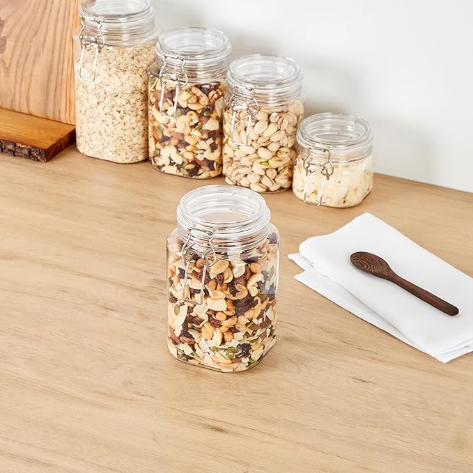 Met Lux 43 Ounce Hinged Food Storage Jars, 20 Airtight Jars With Lids - Rubber Gasket, Wide Mouth, Clear Plastic Square Canisters, Freezable, For Kitchen And Pantry Storage - Restaurantware