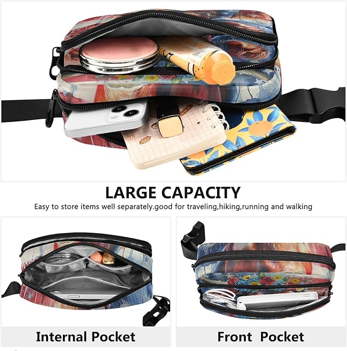 American Flag Cow with Floral Crown Fanny Pack for Women Men Water Resistant Fashion Waist Packs with Adjustable Strap Belt Bag for Travel Workout Jogging Hiking 21220212