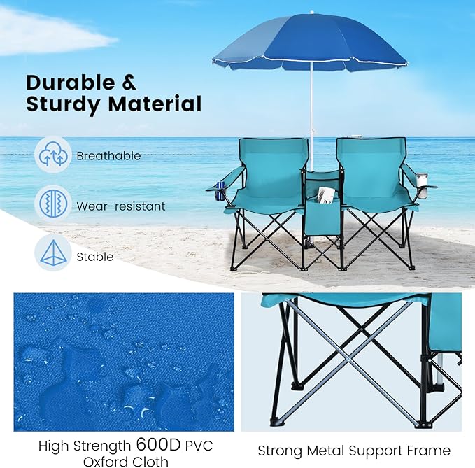KOTEK Double Camping Chair, Folding Camp Chair with Removable Umbrella, Cup Holders, Cooler Bag, Side Pocket & Carry Bag, 2-Person Beach Chair for Outdoor, Sports, Concerts, Travel, Picnic (Turquoise)