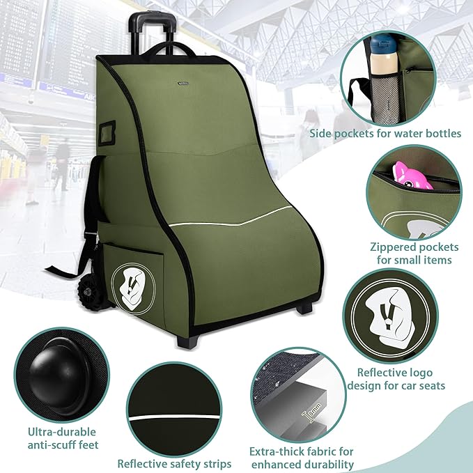 Rolling Car Seat Travel Bag with Wheels – Car Seat Backpack Transport Case for Airplane Travel, Fits Convertible & Booster Seats, Protective Storage Cover, (Green)