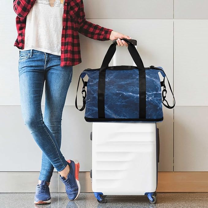 Travel Duffel Bags for Women Blue Marble Print Sports Duffel Bags Gym Bags with Shoes Compartment Tote Bag Weekender Bag for Travelling