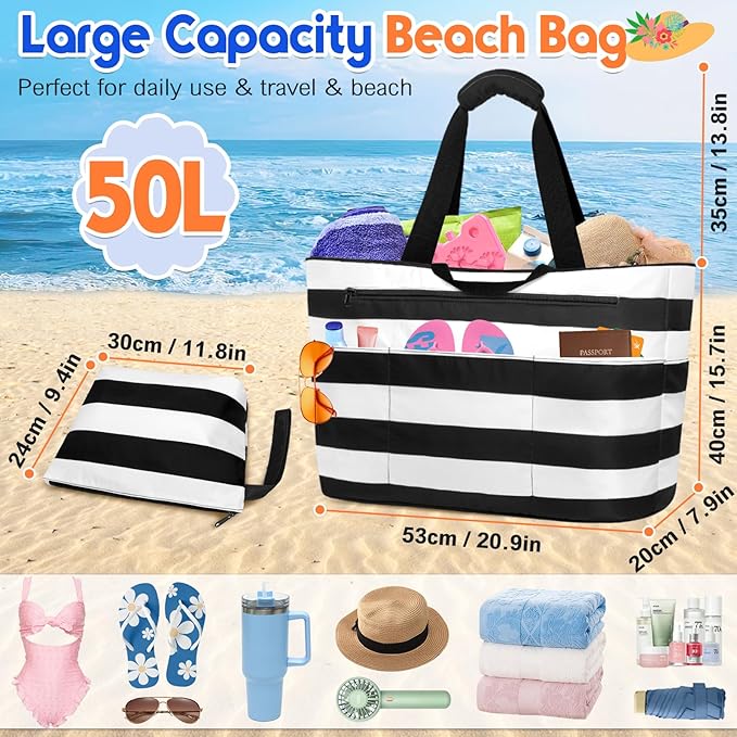 BKNOOU Extra Large Beach Bags Waterproof Sandproof XL Beach Tote Bag for Women Zipper Foldable Swim Pool Bag with Wet Pocket